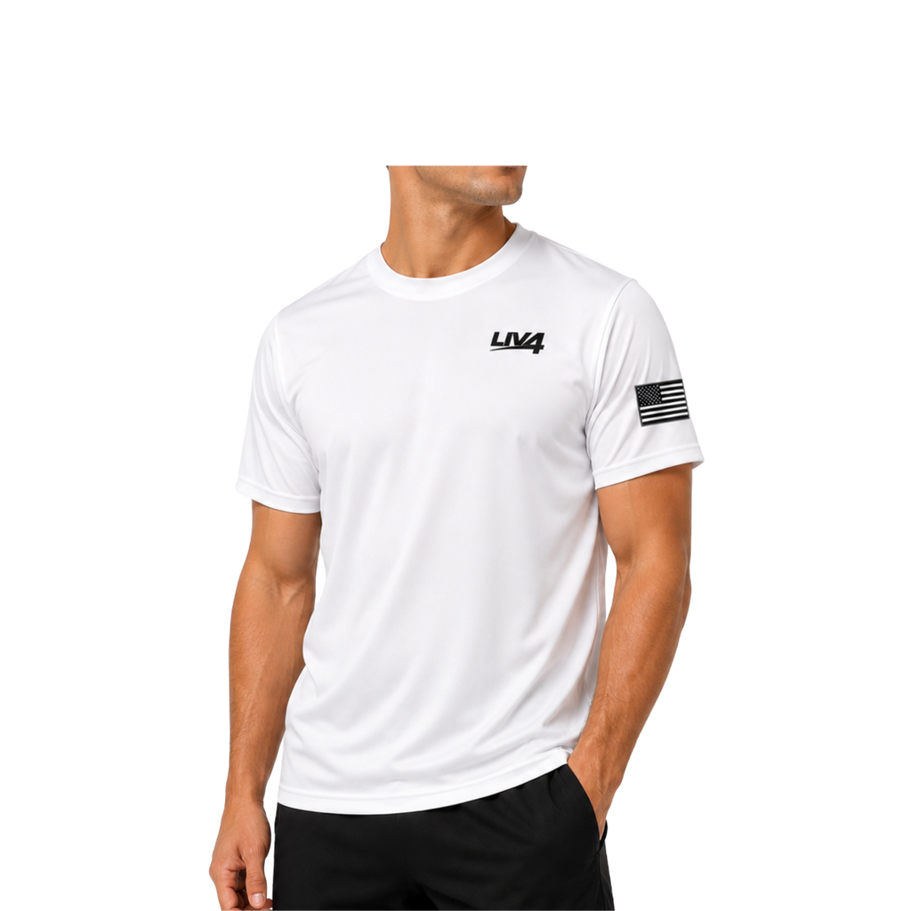 LIV 4 and USA Flag - Men's Performance UV Protection Crew Neck T-Shirt | Black Letter