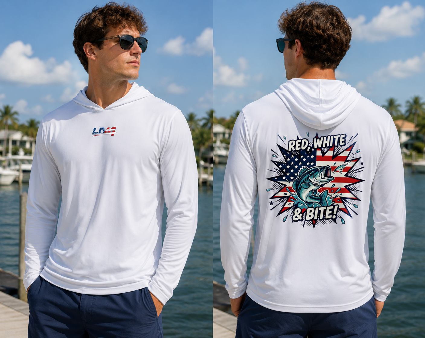 LIV 4 Red, White, Bite Patriotic Lightweight Fishing Hoodie | UPF 50+