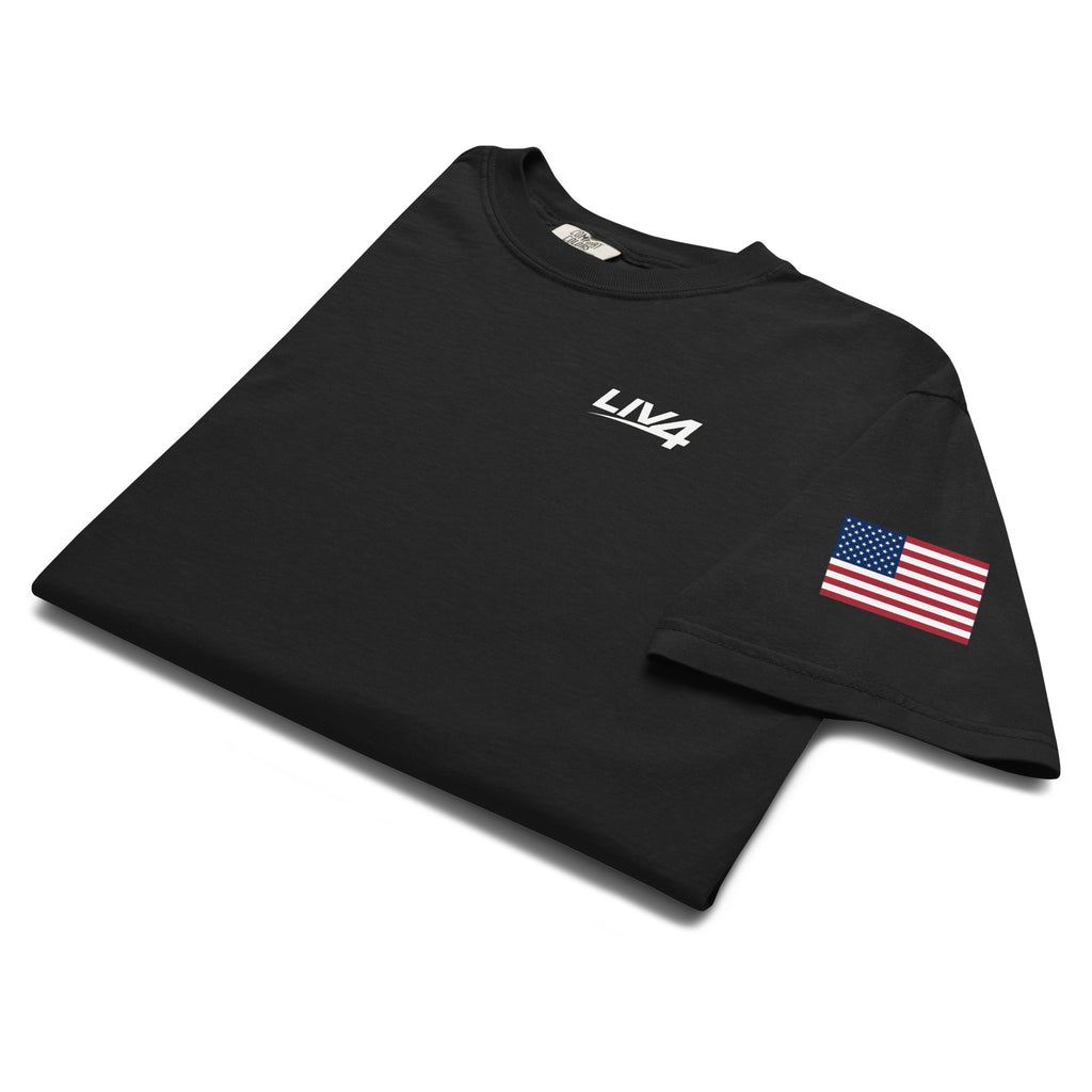 LIV 4 USA Flag on Sleeve Unisex Soft Heavyweight T-Shirt | White Logo