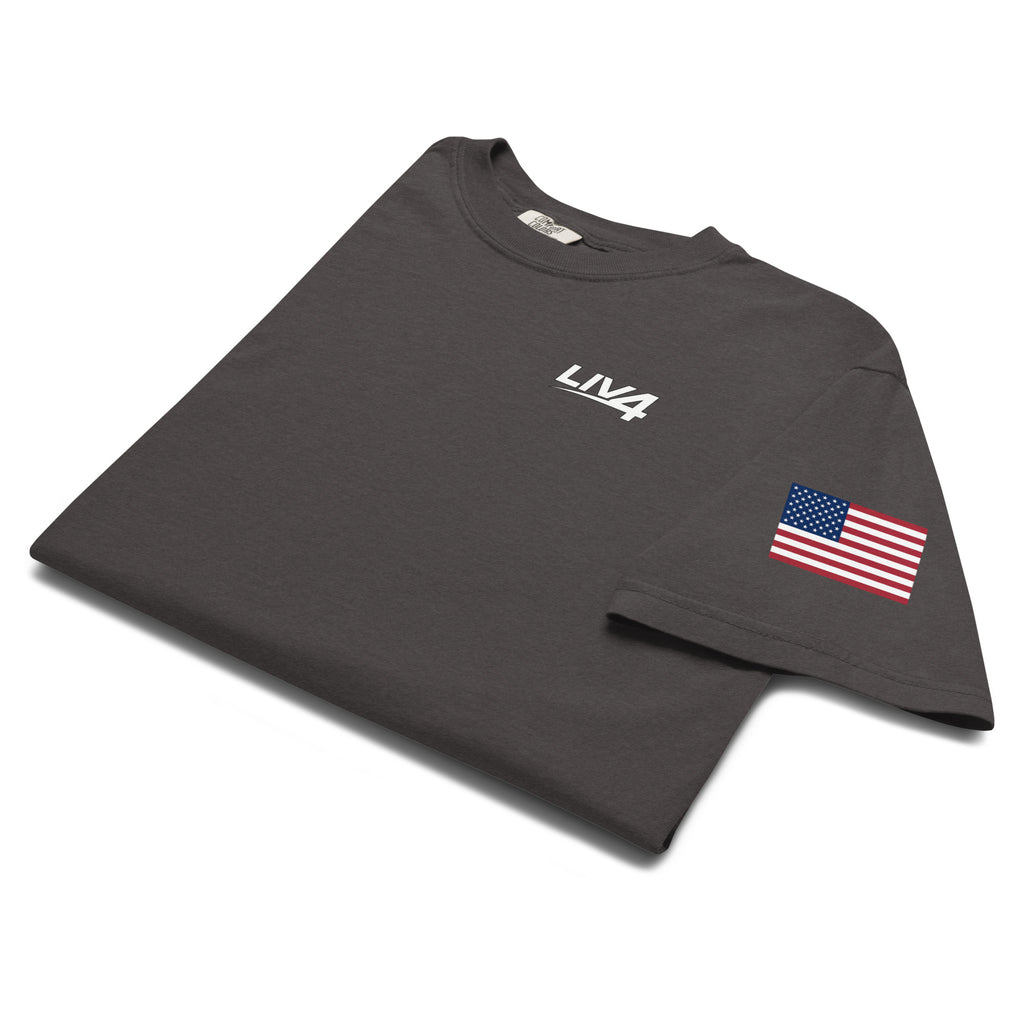 LIV 4 USA Flag on Sleeve Unisex Soft Heavyweight T-Shirt | White Logo