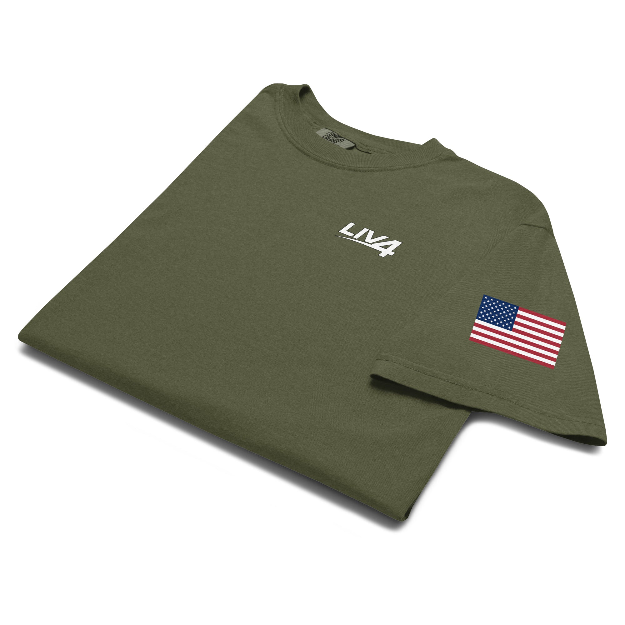 LIV 4 USA Flag on Sleeve Unisex Soft Heavyweight T-Shirt | White Logo